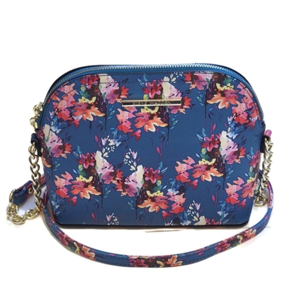 Steve Madden Blue Floral Crossbody Bag Gold Chain Detail Statement Purse NWOT